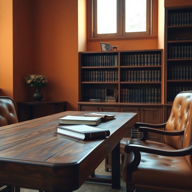 Cameră de consultanță cu masă de stejar, dosare din piele și pereți de teracotă caldă